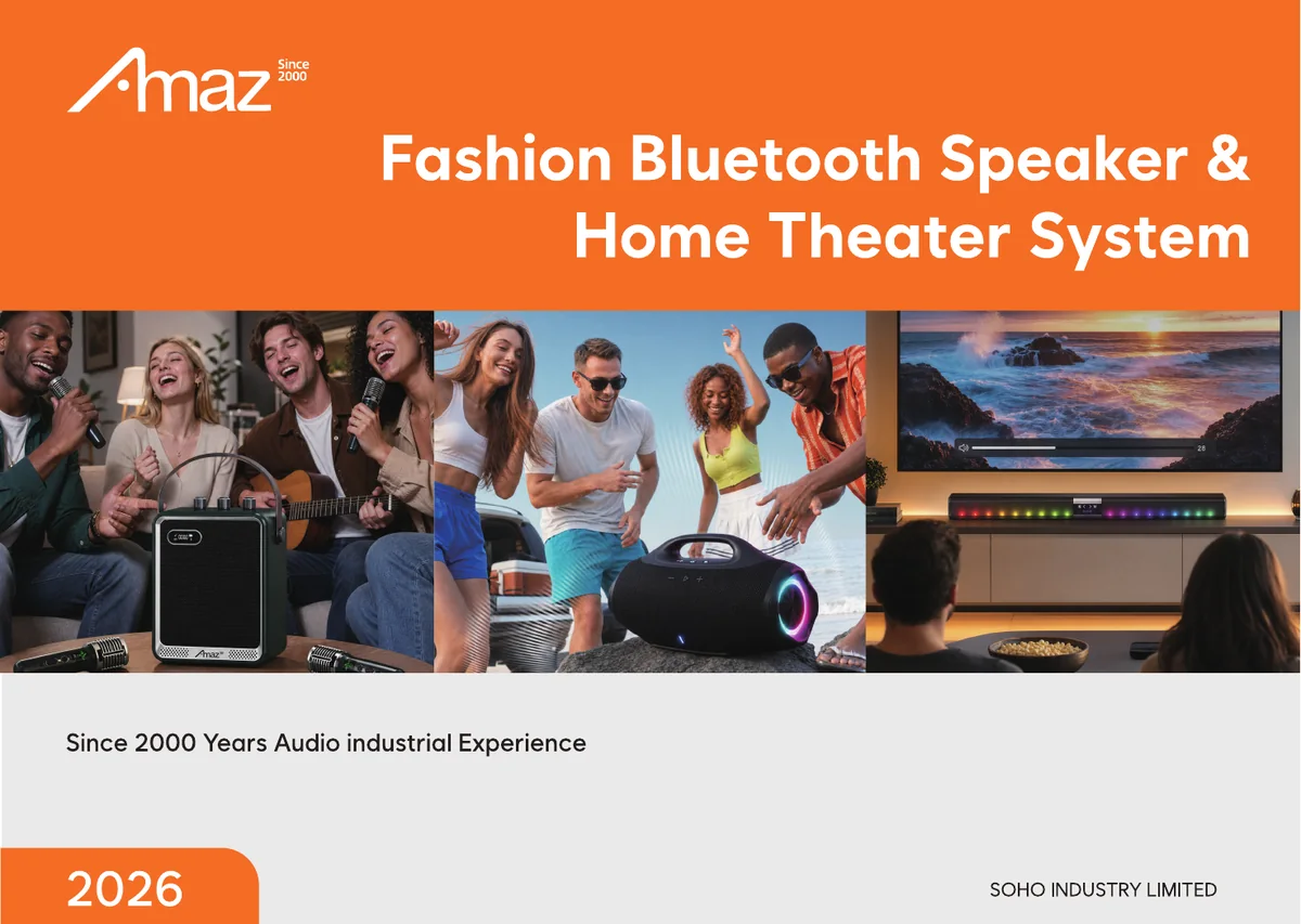 Cover of the current AMAZ Bluetooth speaker and home theater catalogue